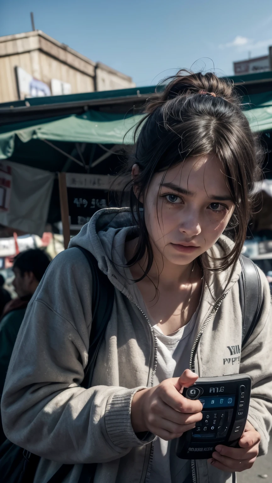 A detailed image of a poor person, in worn-out clothes and a tired face, looking despairingly at a payment terminal demanding the 666 chip mark on their right hand, in an apocalyptic market with stalls in the background