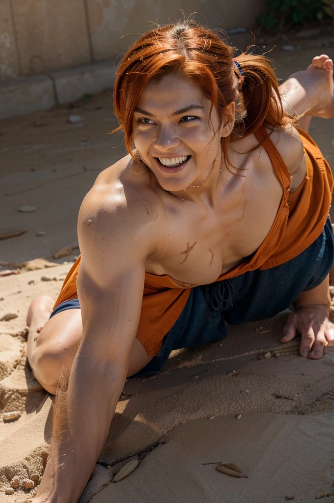 Damn Forster:

Position: Stand straight with a proud facial expression.

Appearance: Wearing a typical military uniform from "Attack on Titan" with distinctive orange hair.

Action: Stepping on Goku&#39;s head with one foot.

Expression: A sly laugh or smile.

Goku:

Position: Lie on the ground with your face up.

Appearance: Wearing Goku&#39;s signature outfit from "Dragon Ball" with black hair standing on end.

Expression: The face shows pain or surprise.

Additional Details: Visual effects such as wounds or dust can be added to show that Goku is being defeated.