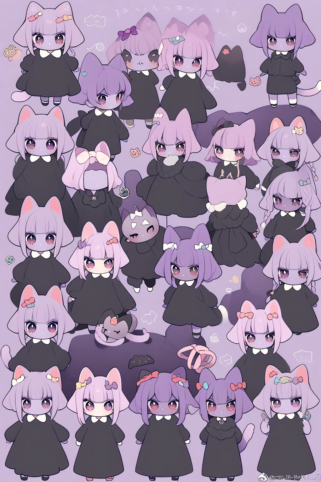 masunya, masyunya (vkontakte), masyunya /(vkontakte/), cat ears, purple skin color, hair bow, (purple hair color:1.1), black dress, cat tail, CuteStyle