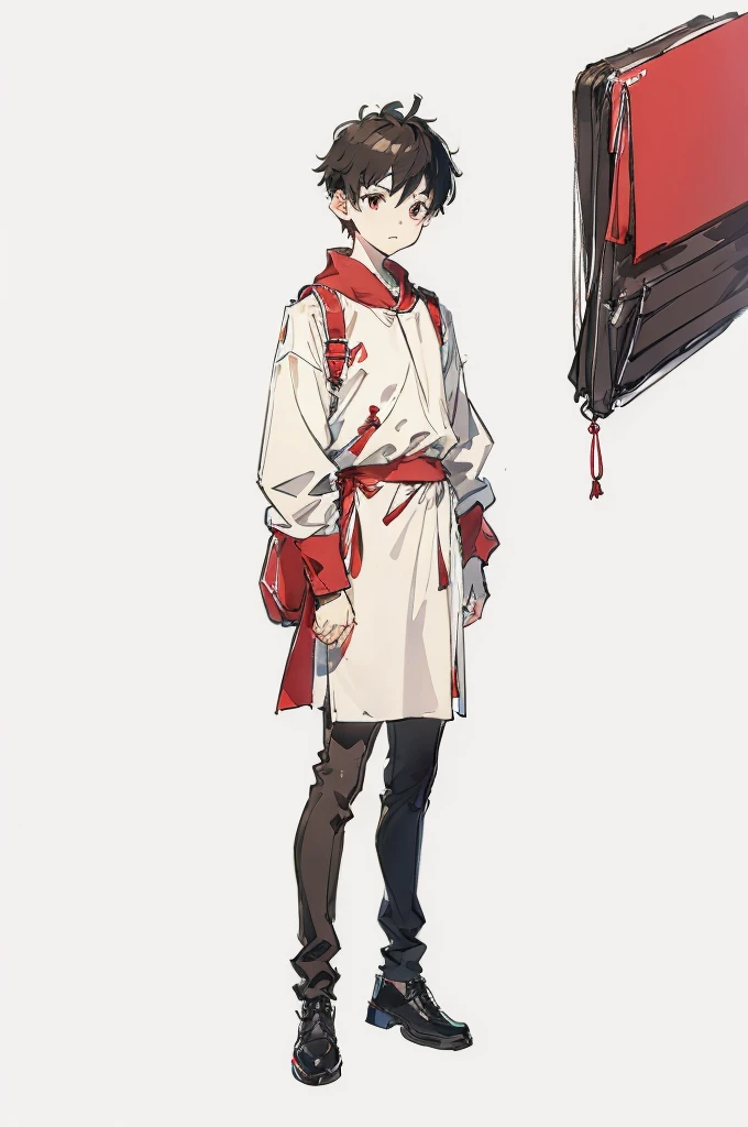 boy, white background, full body, teacher, simple wear, red hear