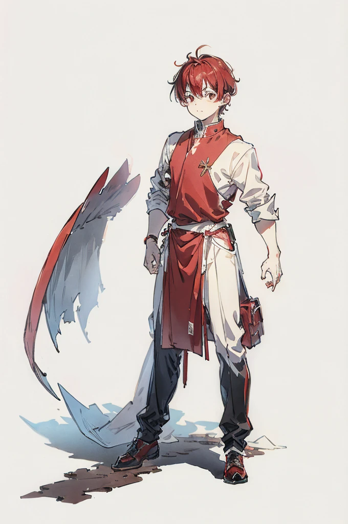 boy, white background, full body, teacher, simple wear, red hear