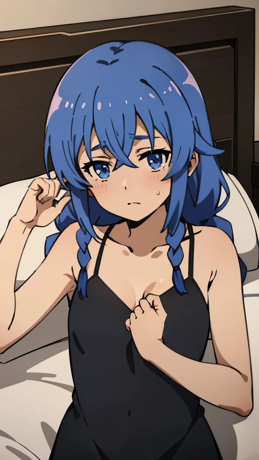 (masterpiece, best quality, high resolution, 8k:1.2),(anime), Roxy_Migurdia(mushoku tensei), 1girl, Blue eyes, Crimson blue hair, twin braids, long hair, small breasts, solo, (Negligee, bed, Lying on your back, blushing:1.2), (watching at viewers:1.2), dynamic angles,