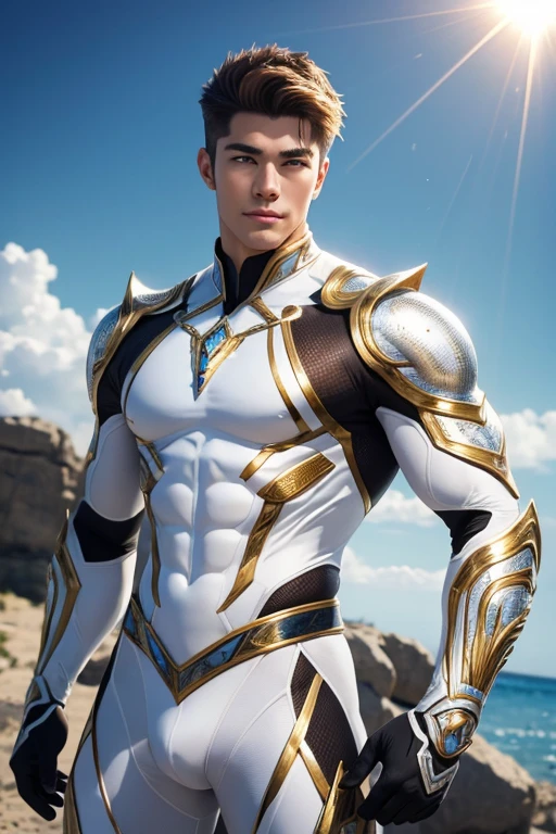 Quarter body photorealistic handsome hunky fractal masculine Helios wearing a white with gold transparent crystal chrome glass trimmings super suit , look at camera, detailed face parts,, sunshine as background, Freestyle Pose, Happy Expression, perfect anatomy, symmetric body,, 18 years old, :: high detail, a lean athletic body, realistic, human skin, extremely detailed fingers, chad chin,, masculine, human skin, , gorgeous, Attractive. super bulges in action . camera focus face front