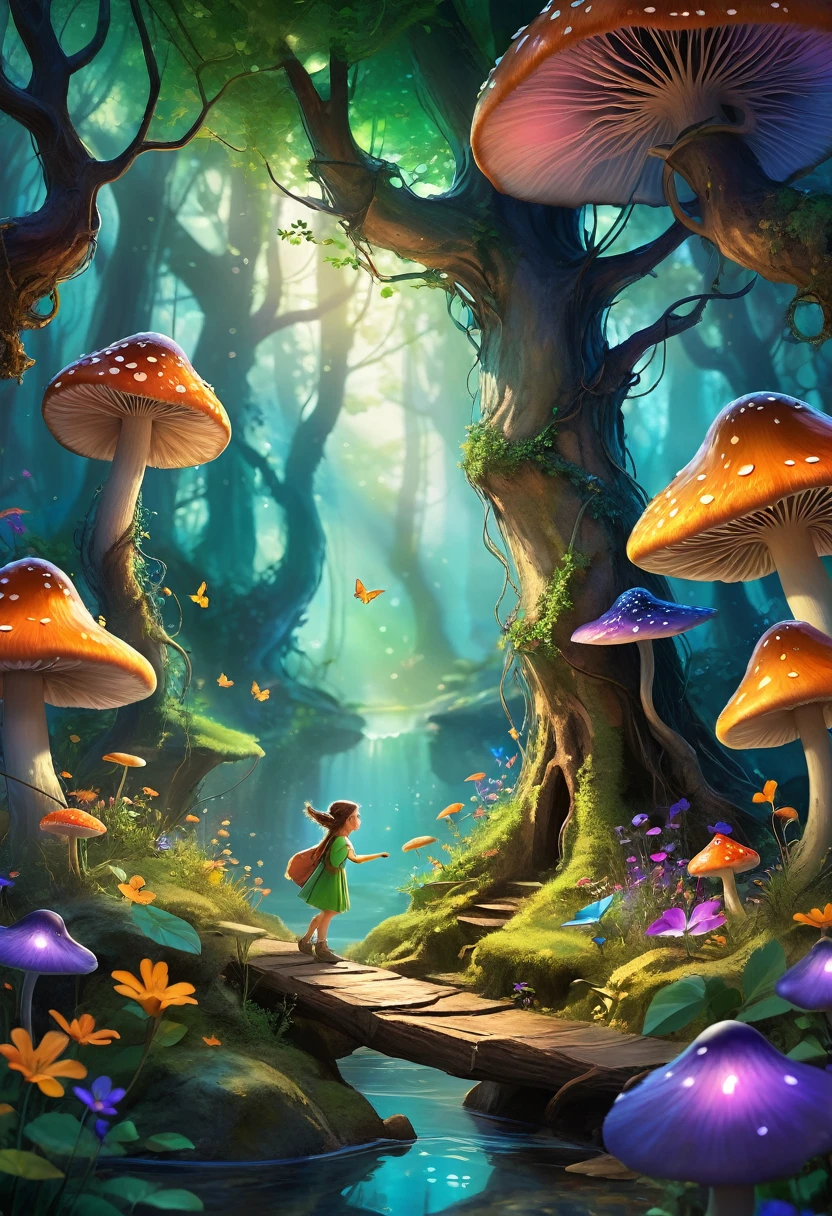 A fantastic and real illustration showing exploring in a magical forest. Trees have unusual shapes and colors, with branches that twist and intertwine, creating an environment full of magic and wonder.
and elevated roots, surrounded by bright flowers and luminous mushrooms. Pay special attention to capturing the characters as they interact with this fantastic world.. Focuses on revealing skin lines, the agile fingers and the expressiveness of their gestures.

Some have stopped to observe small magical creatures that float and flutter around them, like fairies and elves. His hands extend with curiosity, seeking to touch and feel the magic that surrounds them. Others are building shelters with branches and leaves, giving life to your dreams with your hands.

The color palette is vibrant and saturated, with intense shades of green, blue, purple, orange and pink that give the scene an ethereal and dreamlike appearance. The lighting is warm and diffuse, creating an enchanted and welcoming atmosphere.

Focus on capturing joy, the curiosity and overflowing imagination of children as they interact with this fantastic world. Let every detail of your hands, from skin textures to gestures, convey a sense of wonder and unlimited possibilities."

In this version, I have specifically emphasized the importance of detailing and accurately depicting children&#39;s hands as they explore and engage with the magical elements of the forest.. I hope this updated prompt helps generate an image that captures that fantastic quality and the prominence of the hands.