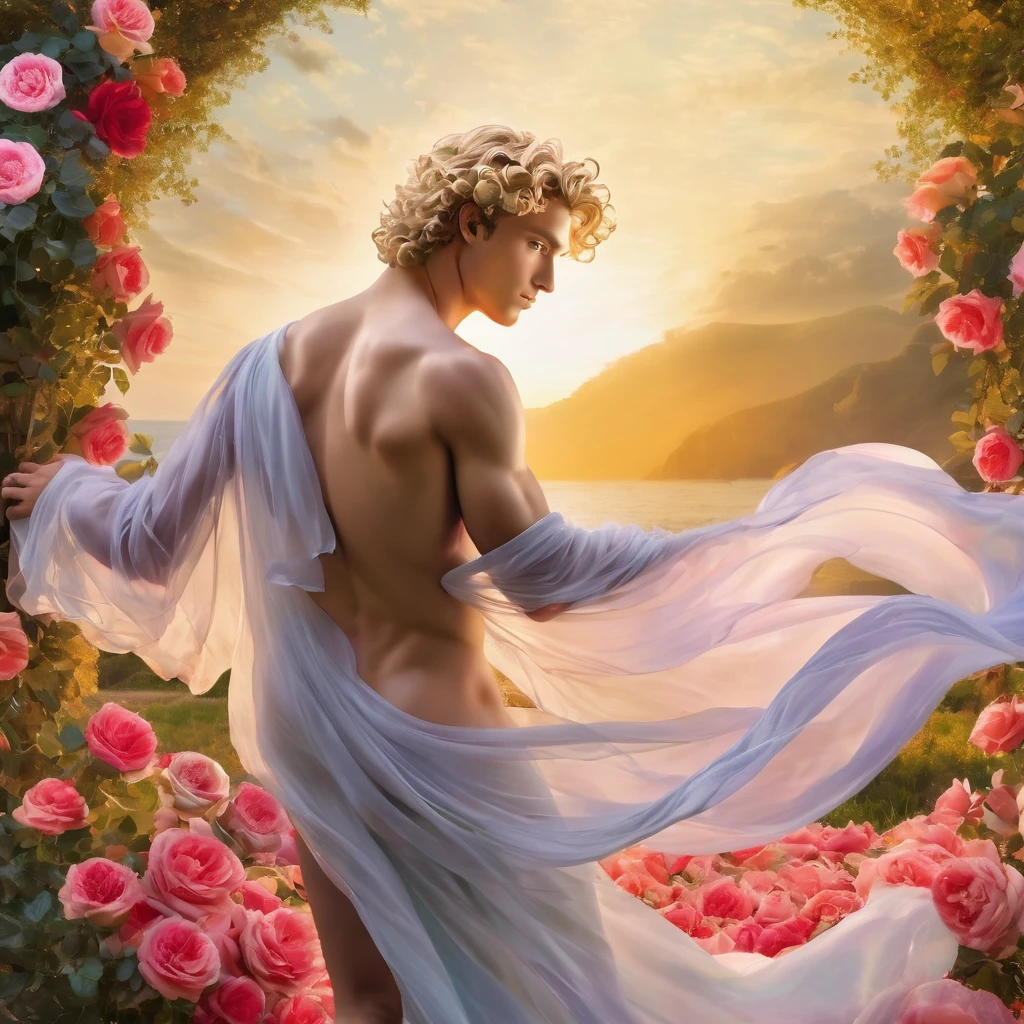 candid an image of 23 year old an attractive and charming prince, inspired by Sandro Botticelli's painting The Birth of Venus. Position in a graceful contrapposto stance (in a field of vibrant swirling roses). short curly blonde hair, a masculine appearance with slender smooth body, delicate and symmetrical face, natural pale skin tone, (male nude body wrapped in classical drapery sheer rainbow color fabric), with flowing dramatically in the wind, some fabric to billow as if caught by a gentle breeze. The composition include mythological elements, such as a backdrop of a serene ocean with a golden sunrise and nymphs to frame the scene. Illuminate the scene with soft diffused lighting to create a dreamlike, celestial atmosphere, capturing the delicate interplay of light and shadow on his face and body. ((full body shot)), wide-angle lens on a high-resolution DSLR camera to capture the grandeur and intricate details of the setting, while shooting from a low angle to emphasize the model's majestic presence. The overall mood should blend the classical elegance of Botticelli's work with a modern, high-fashion aesthetic, producing an image that feels both timeless and contemporary, adding the Two Cherubs in the sense to balance and harmony the photo, evoke the soft ethereal quality of the Renaissance style, POV, raw photo, ((masterpiece)), ((best quality:1.4)), High Resolution, (ultra_realistic:1.37), (photorealistic:1.4, (NSFW), ((Pay attention to the layer and arrangement of body parts and surrounding objects)), ((Pay attention to the body composition)), ((Correct body structure)), ((Correct photo distance)), romantic atmosphere, lively extremely Gorgeous background),