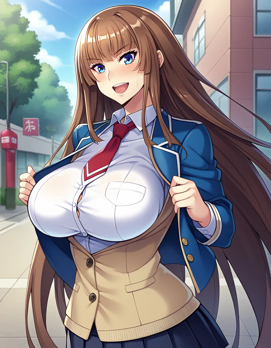 score_9, score_8_up, score_7_up, score_6_up, source_anime, aoi_nagisa_\(metalder\), BREAK solo, 1girl, koukawa asuka, brown hair, long hair, blue eyes, bangs, (huge breasts:0.8), medium body, BREAK (blue school_jacket:1.2), breasts, white collared _blouse, tight clothes, red long_tie, black pleated_skirt, BREAK happy, open mouth, outside, street, (upper body:1.1),
