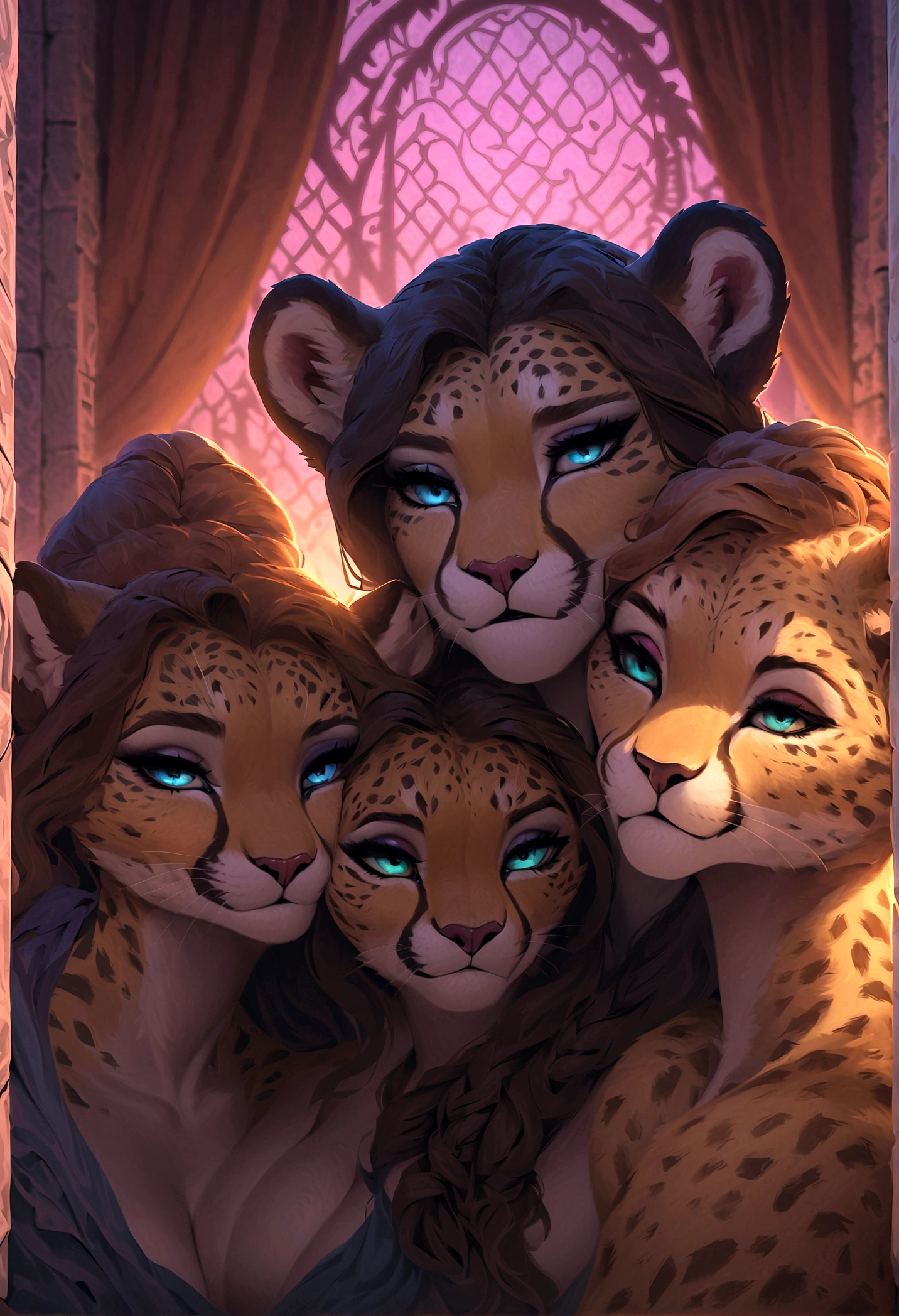 ((Masterpiece, top quality, high resolution)), ((highly detailed CG unified 8K wallpaper)), (huge stunning goddess shot, very hot and sexy, jaw-dropping beauty, perfect proportions, beautiful body, slim body beauty:1.1), ((three cheetah sisters, beasts:1.4)), ((Three anthropomorphic cheetah women)), Martial artist, video game character,