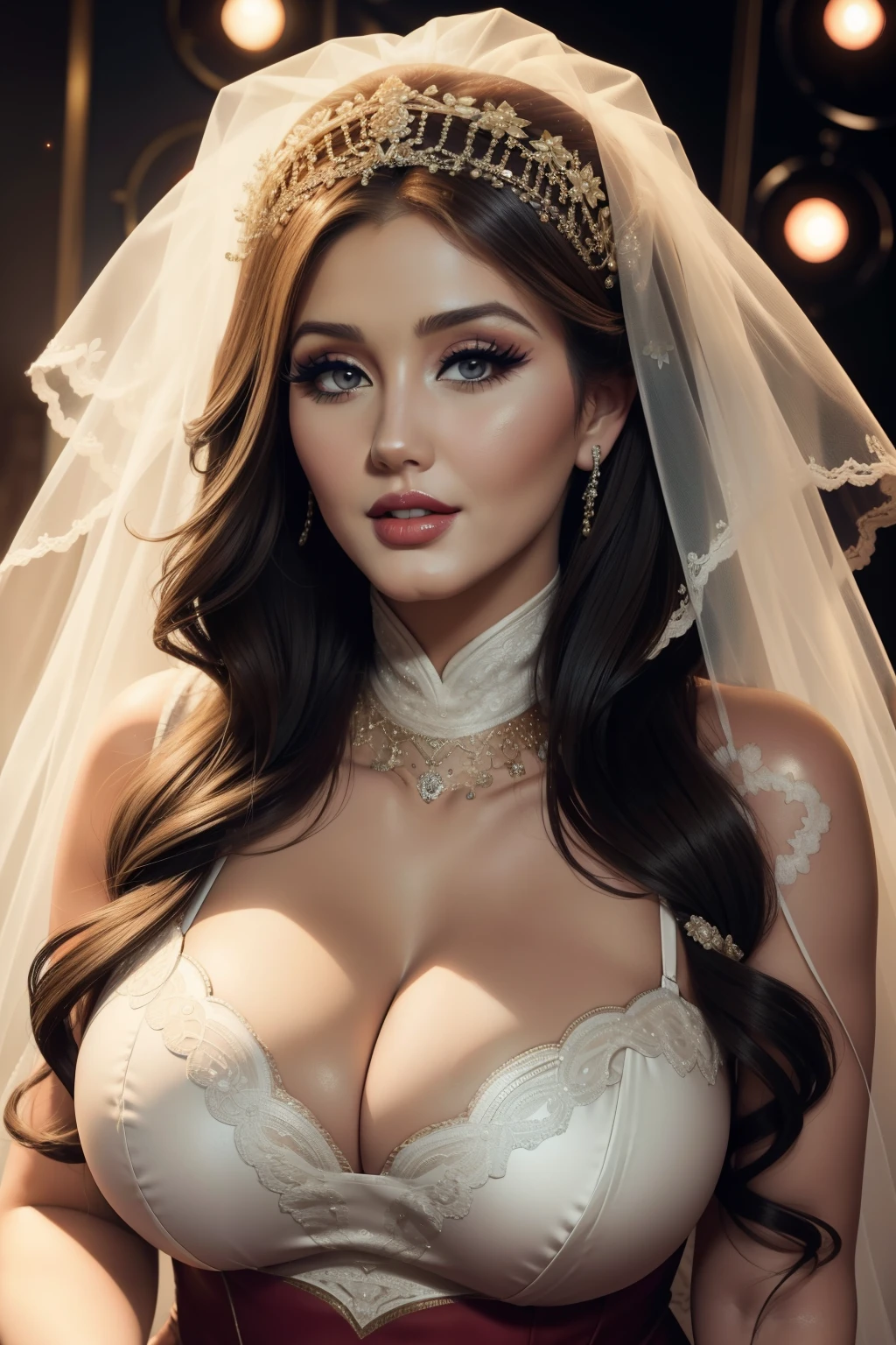 Lucy Pinder, smiling, (Adele),((VERY INTENSE MAKEUP)), bright lipstick, , neckline, dressed a bride, ((singing)), ((Asian Woman))