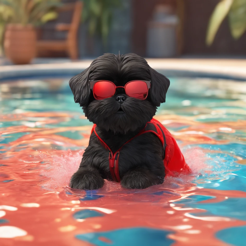 2 adorable small black shih tzus wearing red sunglasses playing in a pool 