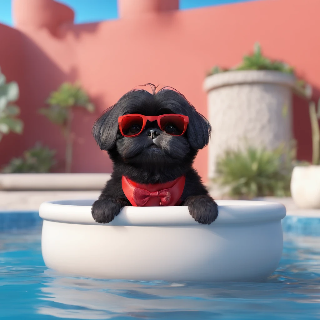 2 adorable small black shih tzus wearing red sunglasses playing in a pool
