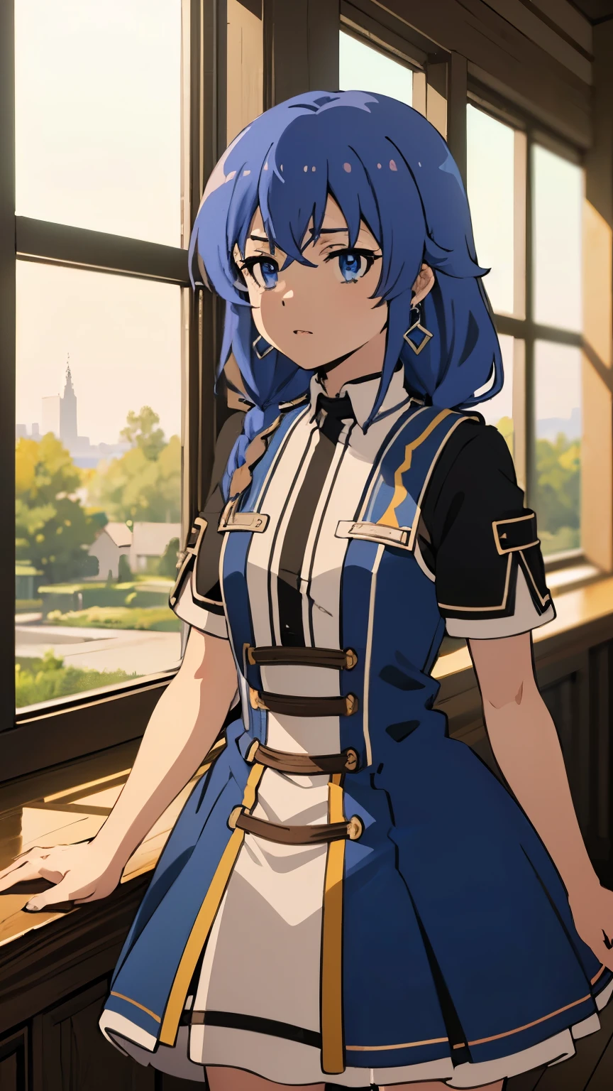 (masterpiece, best quality, high resolution, 8k:1.2),(anime), Roxy_Migurdia(mushoku tensei), 1girl, Blue eyes, Crimson blue hair, twin braids, long hair, small breasts, solo, (diamond dress, revealing, earrings:1.2), (watching at viewers:1.2), dynamic angles,