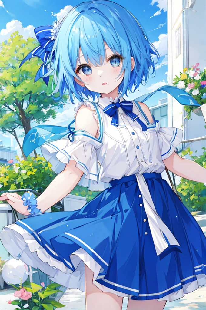 Girl、Blue hair short、Feminine fashion