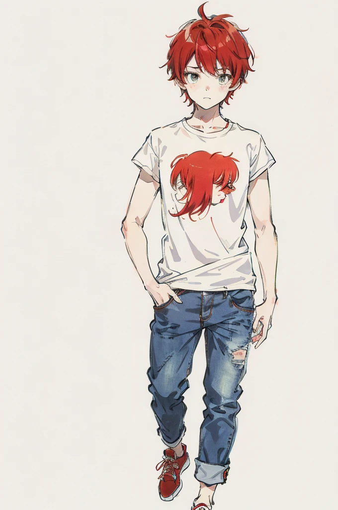 full body,  boy, white background, red hair, T-shirt and jeans wear