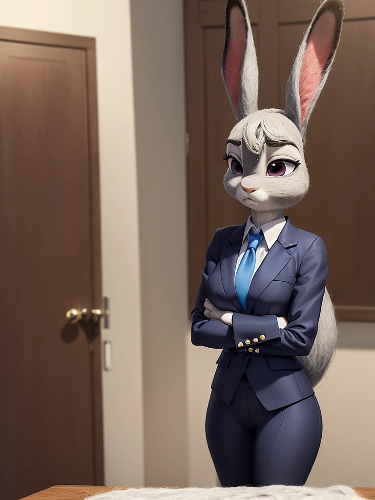 best quality, masterpiece, 3D anime, (((solo))), (((1girl))),  ((Face is JudyHopps)), (long ears like a rabbit:0.8), Heir is black ponytail style, Body is human lady, 	Navy blue business suit, Tailored jacket, White blouse, Skirt, (the suit is made of wool:1.4), suit color is {gray, black, stripe}, ((skin is silver with fluffy and fluffy)), (portrait view), In the background there is a office space, Her expression shows subtle makeup, with a sense of nervousness and determination, ((Standing with a straight posture, Be mindful of correcting your posture))