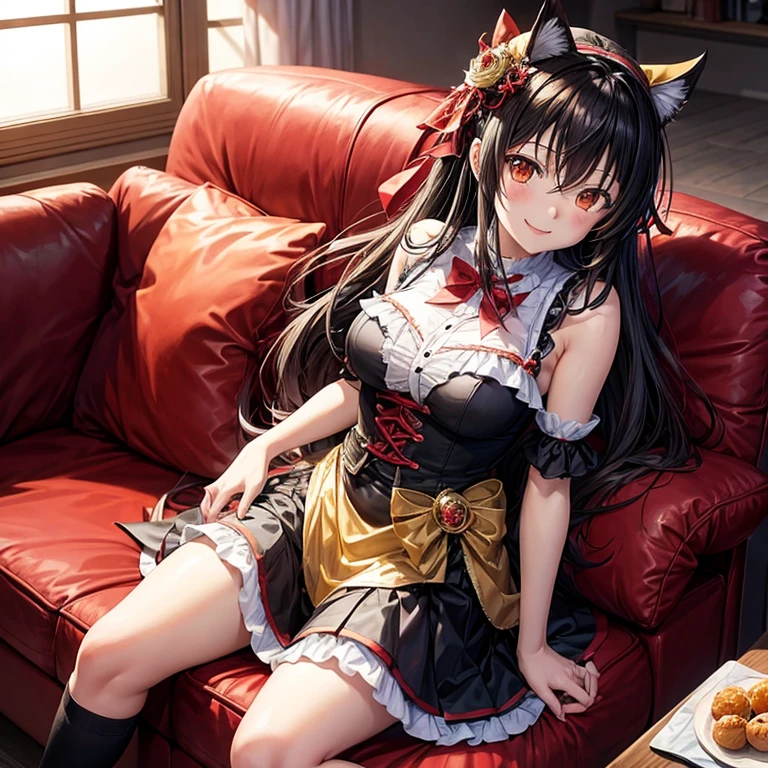 Tokisaki kurumi from anime date a live,wear a her costume sprite,smile,sit down at the couch,cross arm 