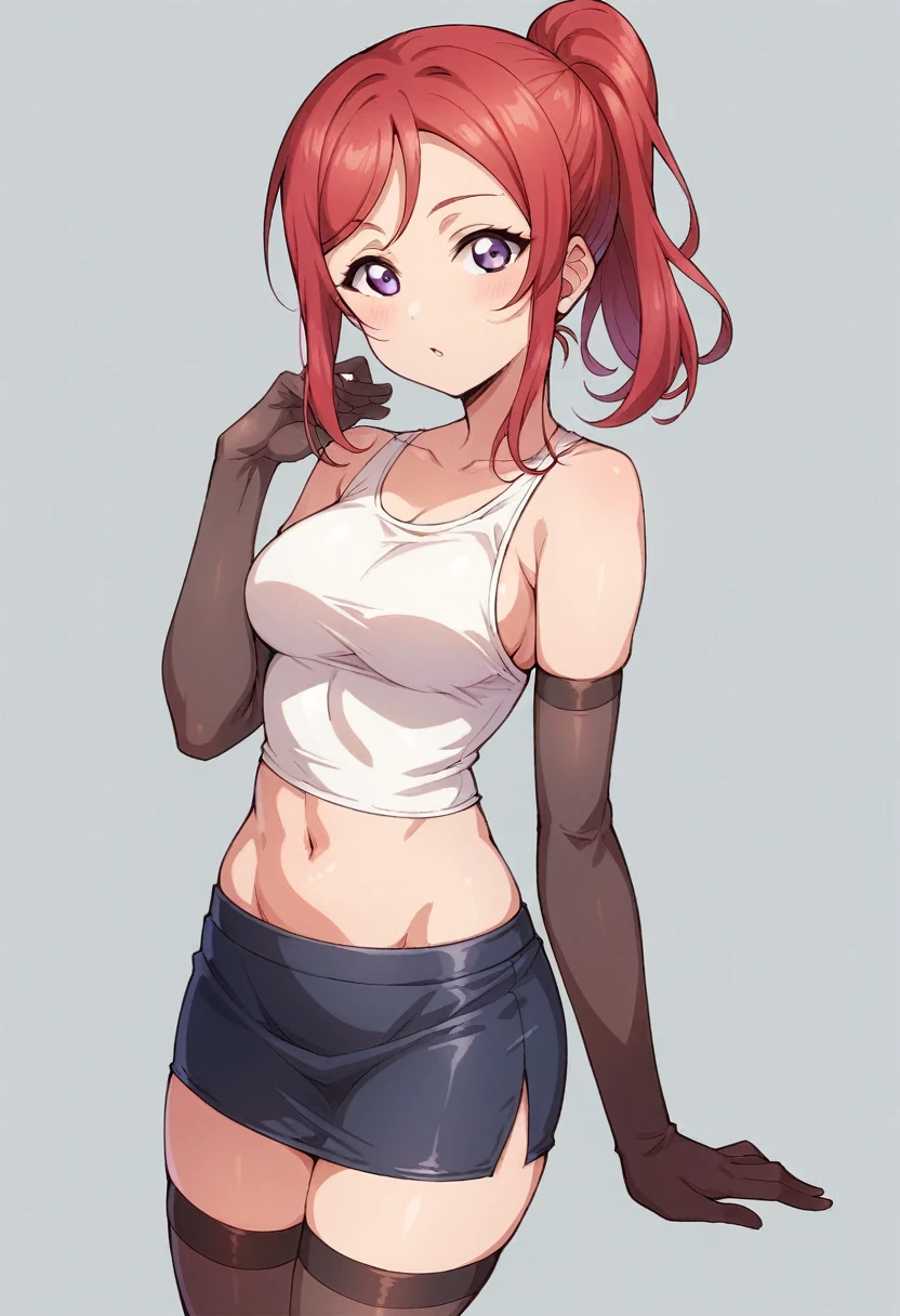 Masterpiece, best quality,maki nishikino, tight black pencil skirt, white tank top,navel, elbow gloves, thighhighs,red hair, purple eyes , love live style
