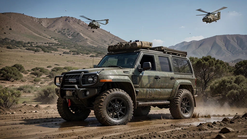 a brutal army SUV with a heavy machine gun on the roof, with large mud tires, driving off-road, combat helicopters flying in the sky