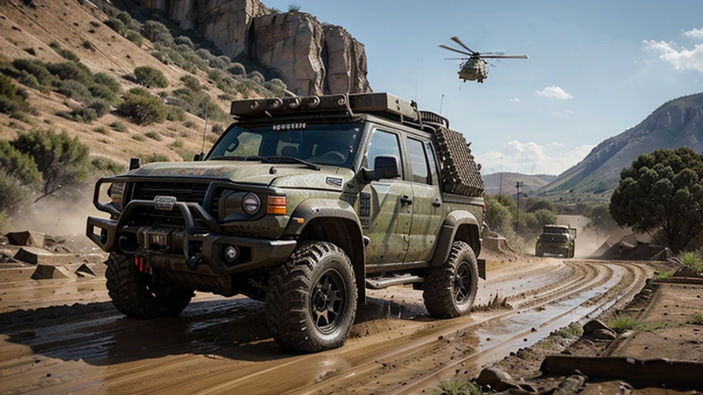 a brutal army SUV with a heavy machine gun on the roof, with large mud tires, driving off-road, combat helicopters flying in the sky