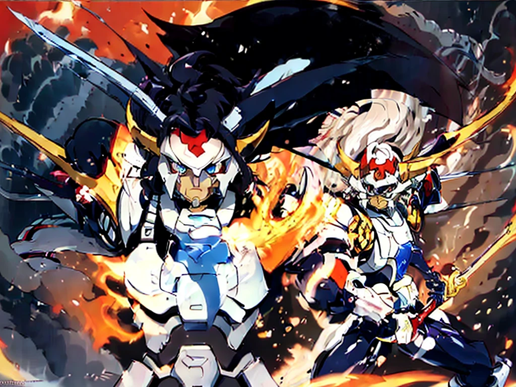 (masterpiece, 32k anime ultra HD, 1980s /(style/), retro art style, anime style, clean brush strokes, perfect anatomy, super detailed), ((KIKOUTEI)), 1 man, solo, (black hair, medium long hair, messy hair, asymmetrical parting, hair blowing in the wind), (blue eyes, detailed eyes), straight face, cowboy shot, (huge chest: 1.7, white armor, Emperor Ki's armor, super detailed), thin waist: 1.0, wide hips 1.4, (waist armor, Emperor Ki's, super detailed), (standing, leaning low, legs spread, holding a samurai sword), looking at the viewer, (flame background, in fire), (front view, shot from below), holding a samurai sword in his hand, score_9_up, score_8_up, score_7_up, score_6_up, score_5_up, score_4_up, source_anime,