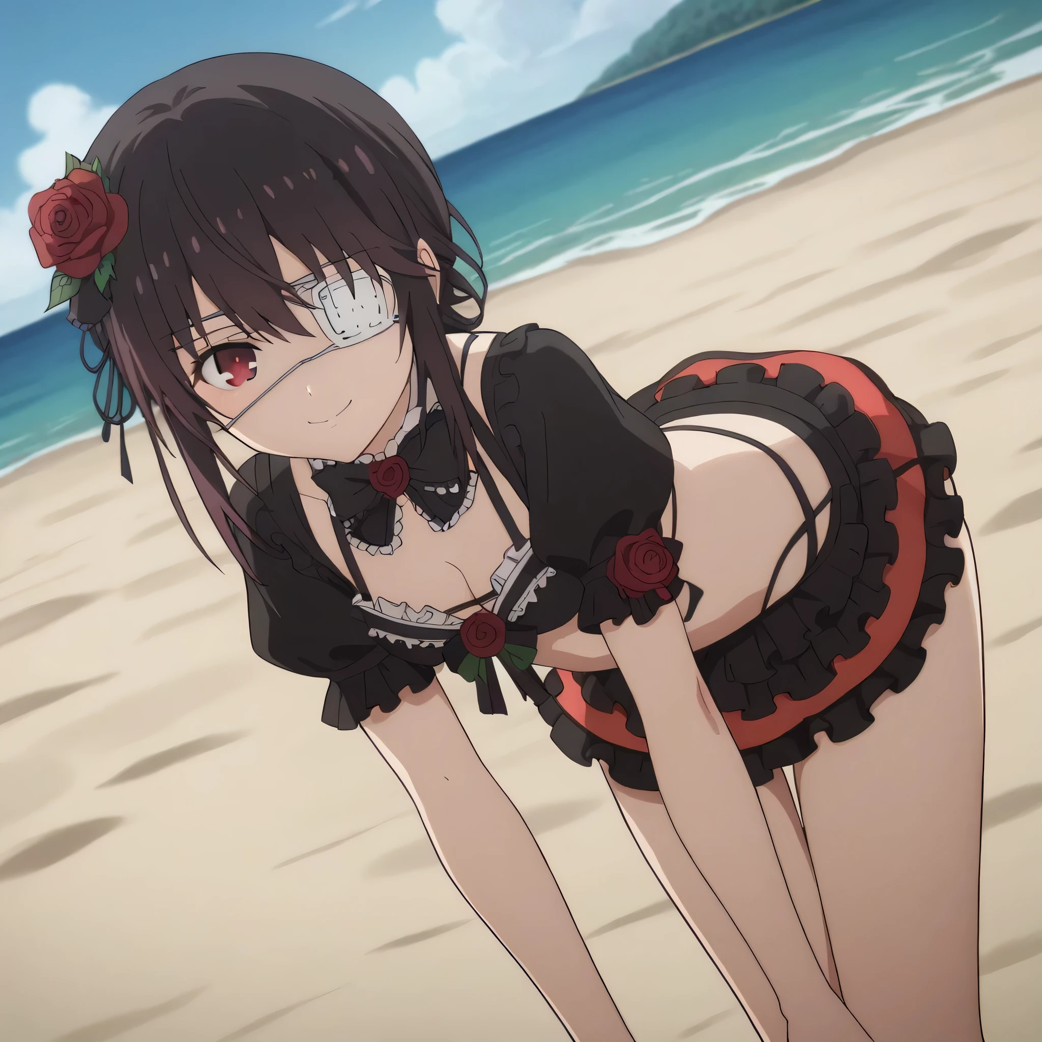 score_9, score_8_up, score_7_up, source_anime,
kurumitokisaki, kurumi tokisaki, black hair, red eyes, bikini,
bangs, hair ornament, Black bikini, flower, short sleeves, frills, hair flower, Black bikini, rose, eyepatch, red flower, red rose, medical briefs, frilled dress, puffy sleeves,
sand beach, seaside, bent over, smile,
looking at viewer, solo, cowboy shot, dutch angle,