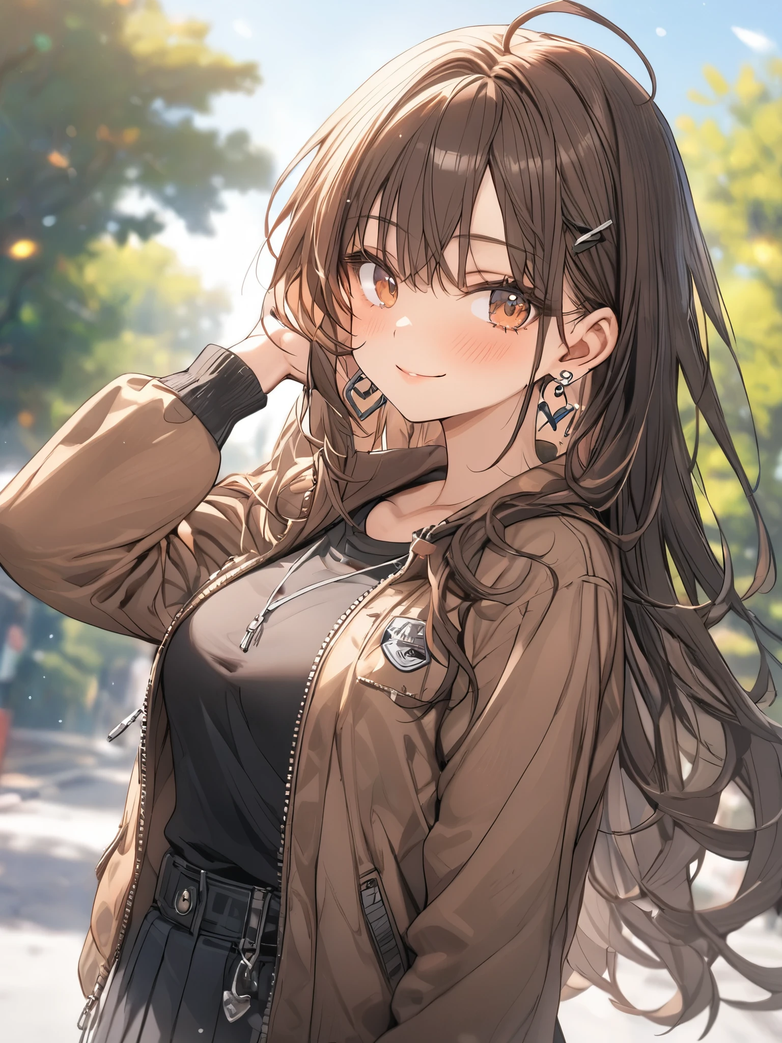 ((masterpiece, best quality)), very aesthetic, absurdres, One girl, Ahoge, bangs, black skirt, black sweater, Blurred, Blurred background, chest, Brown eyes, Brown Hair, brown Jacket, Mouth closed, Day, Depth of written boundary, Earrings, eyelash, Raise your hand, Tilt your head, Jacket, jewelry, Long Hair, Long sleeve, View Viewer, medium chest, Manicure, Open clothes, open Jacket, Outdoor, Pursed lips, Tucked in shirt, Side Lock, skirt, Sleeves are longer than the wrist, alone, sweater, Upper Body, zipper, smile,