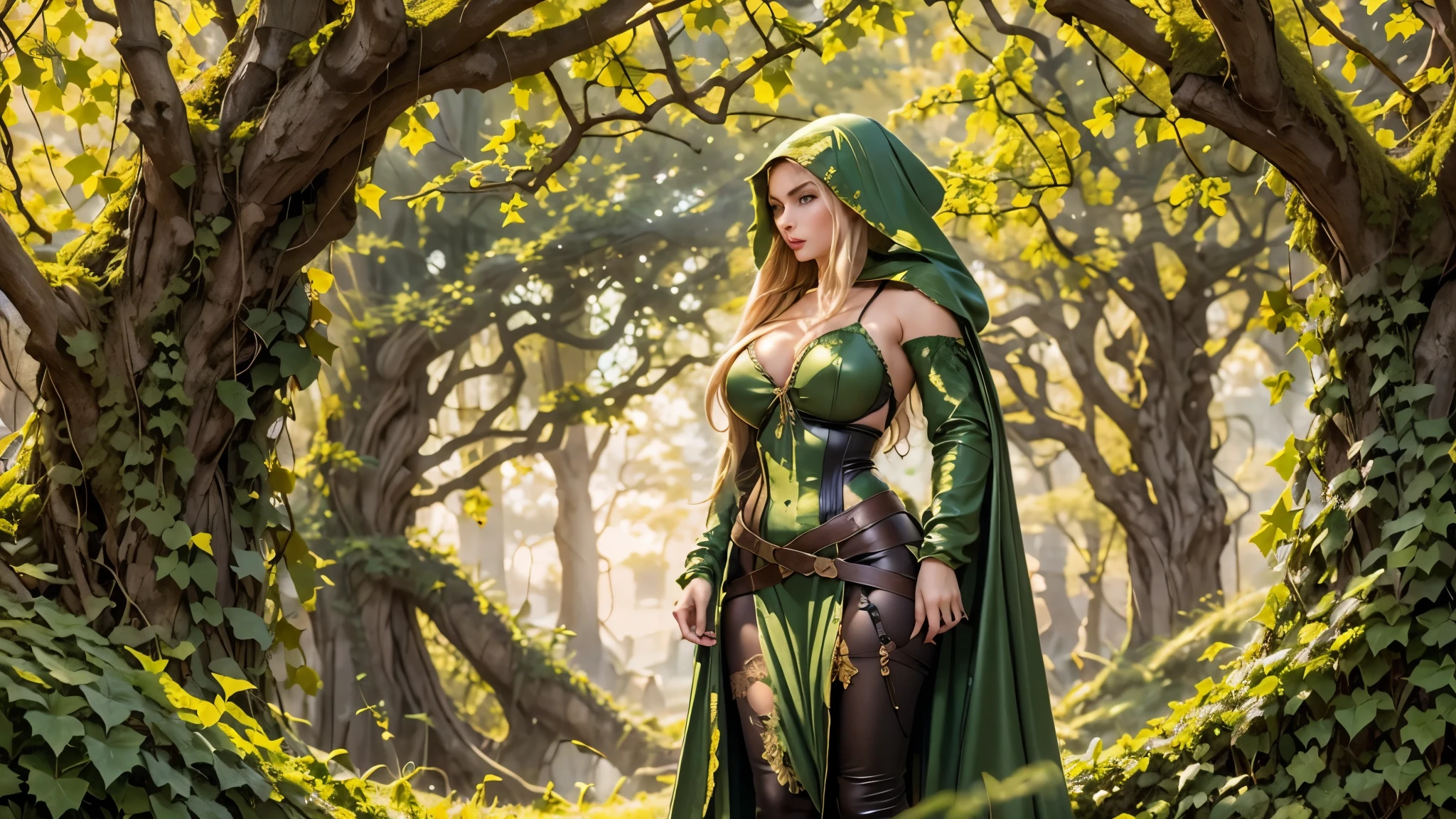 (masterpiece, best quality:1.2), solo8k, (full view of body), Elf ears, Huge breast, (1 woman, elven featured face, seductive expression, massive bulging breast, beautiful green eyes, braided blonde hair, thick hips, narrow shoulders, hourglass, thick bush, camel toe), (leather green hooded cape, thin braided leather straps, gartered bustier and panty, elven designed outfit, gold laced ivy leaf pattern), (medieval setting, stone ruins, ivy vines, oak forest, great oak background), frank frazetta style painting, 