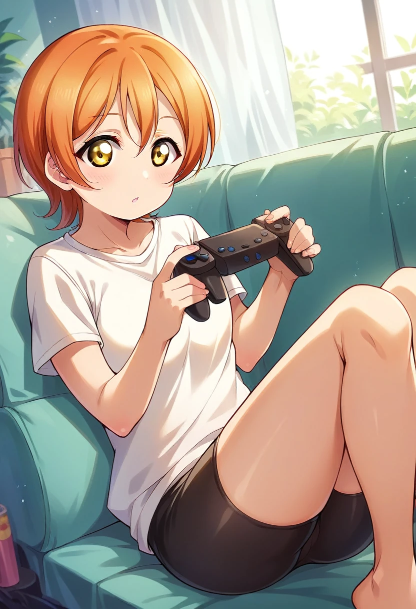 Masterpiece, best quality,Hoshizora rin,solo ,yellow eyes, short hair,orange hair, White Top,Bike shorts, sitting, chibi, arms behind,love live style , indoors , holding playstation controller