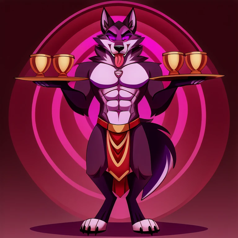 (masterpiece, best quality:1.2), Vortex hellhound, wolf, furry, helluva boss, hypnotized with glowing purple eyes, tongue out, iwearing loincloth, carrying a tray with golden cups full body image