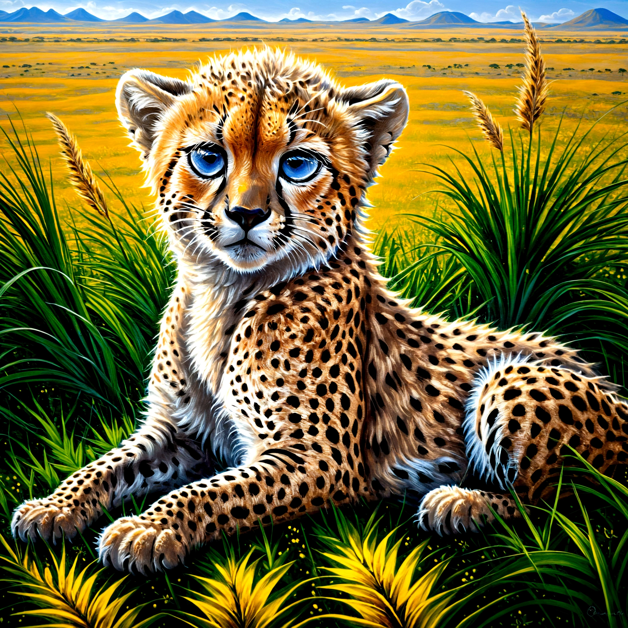 A photorealistic painting of a cheetah cub playing in the African savanna, with soft, fluffy fur and big, blue-gray eyes, 
Vivid contrast, gentle touch rendering, accurate detail, high detail, shining contours, precision, high-quality oil painting, stunningly beautiful touch rendering, fantasy,