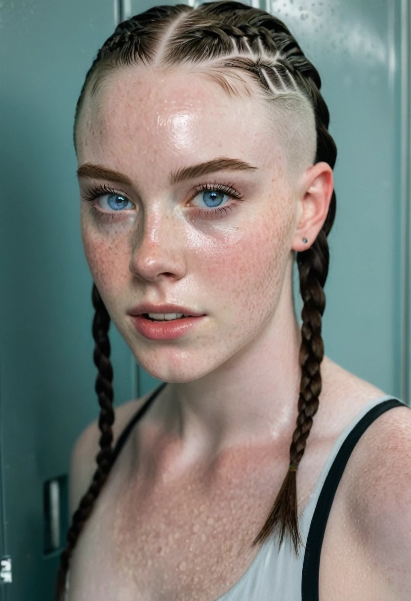 Muscular college girl with blue eyes, pale skin and freckles with cornrow braids and both sides of her head shaved showering in the women’s locker room