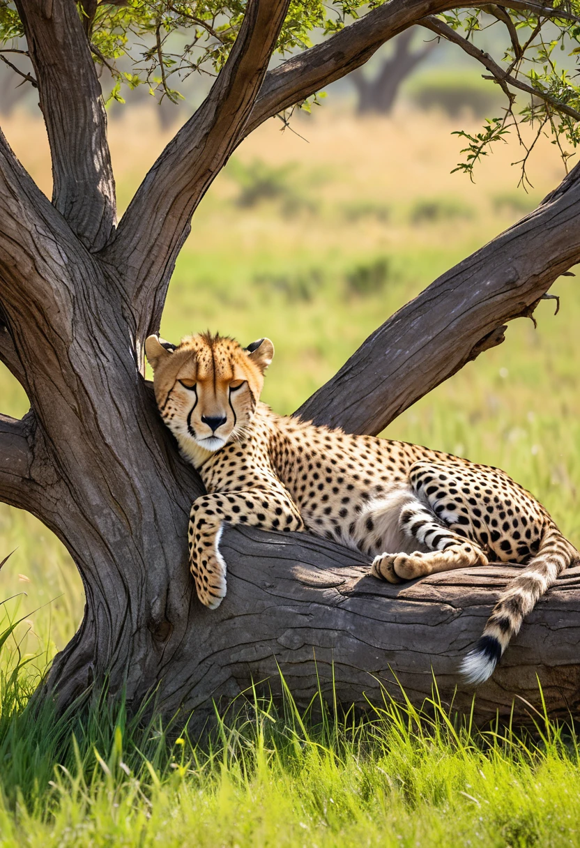 cheetah napping in a tree, the grass in the meadow is swaying in the wind,