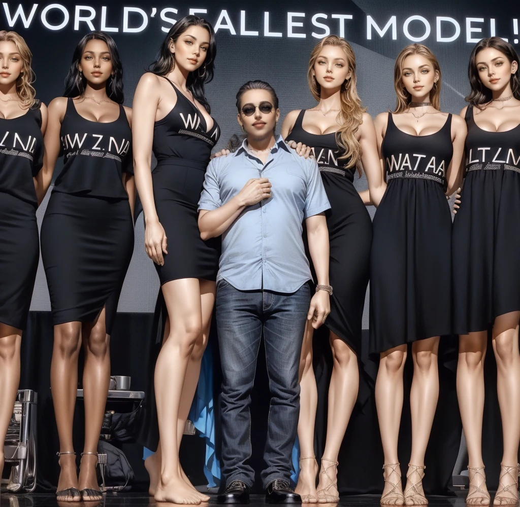 Three tall girls on the lfe left, three tall girls in the right, short man in the middle, the girls are much taller than the man, girls have big and cleavage, girls are wearing black, man is wearing blue shirt, girls are standing barefoot, man is wearing shoes,