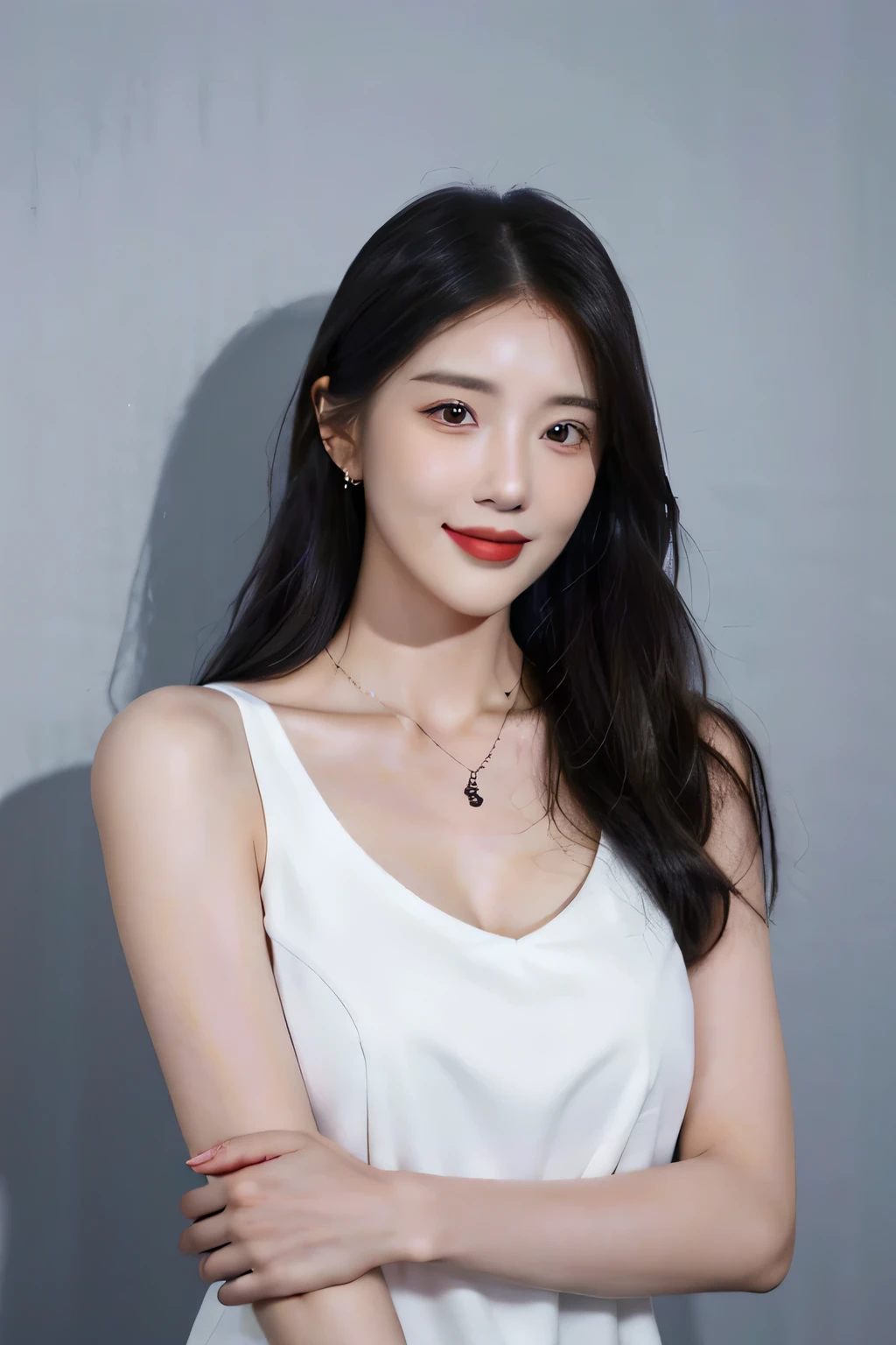 (Extra detailed body、The face is rich in detail、best quality:1.2)、Miss、Looking at the audience、Full body model，(Weird fashion、Large shoulder piercing、A necklace、Grey contrasting clothing, blue, White and black、Asymmetry)、(The background wall is white and gray contrast)，Smile，Large Breasts，Smile