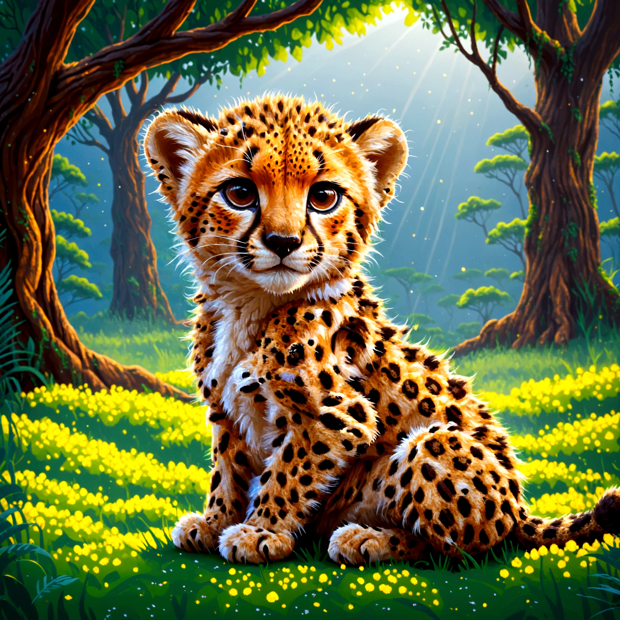 A pixel art illustration of a cheetah cub sitting under a tree, with its eyes wide open and a curious expression Vivid contrast, gentle touch rendering, accurate detail, high detail, shining contours, precision, high-quality, stunningly beautiful touch rendering, fantasy,