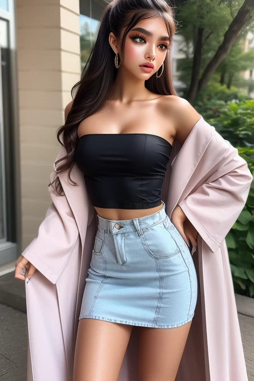 The character costume is KPOP, Hallyu, K-pop anime art style, Hallyu frontline style, Hallyu art style, kpop style, official artwork, Chibi art, Pisif, Blackpink style, cute. KPOP artwork in various poses, The popularity of Pisif art station, 16 year old chibi, No watermark, Extra close-fitting mini skirt, open jacket, extra short clear top Strapless, cleavage, style clothing cyberpunk, smallest short short, wide angle, short top, very short,