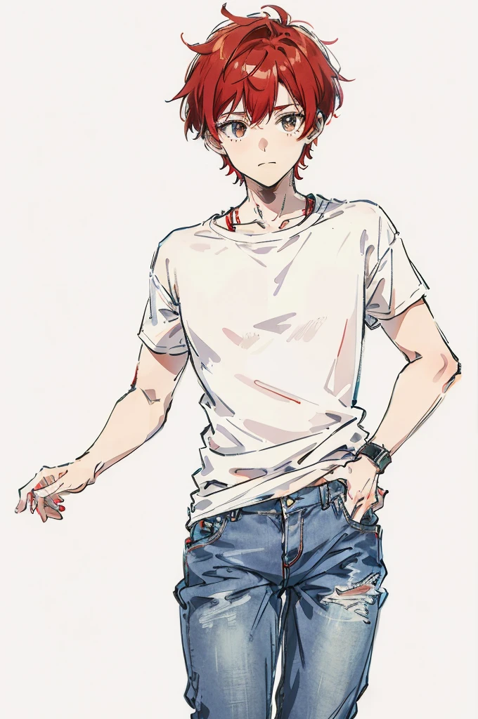 full body, boy, white background, red hair, T-shirt and jeans wear