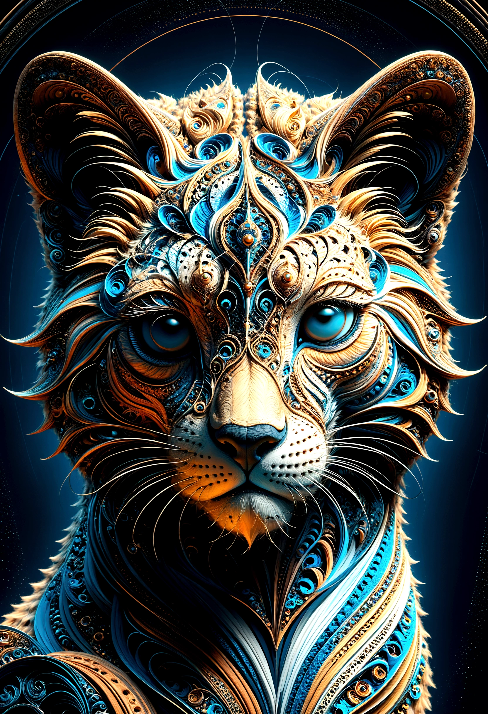 Illustration of a baby cheetah, close-up of its face,
Swirling brushstrokes and vibrant colours, dark brown theme, white outlines, vivid contrasts, intense touch, accurate detail, high detail, shining outlines, precision, high quality, digital art, 3D rendering, octane rendering, dark fantasy,