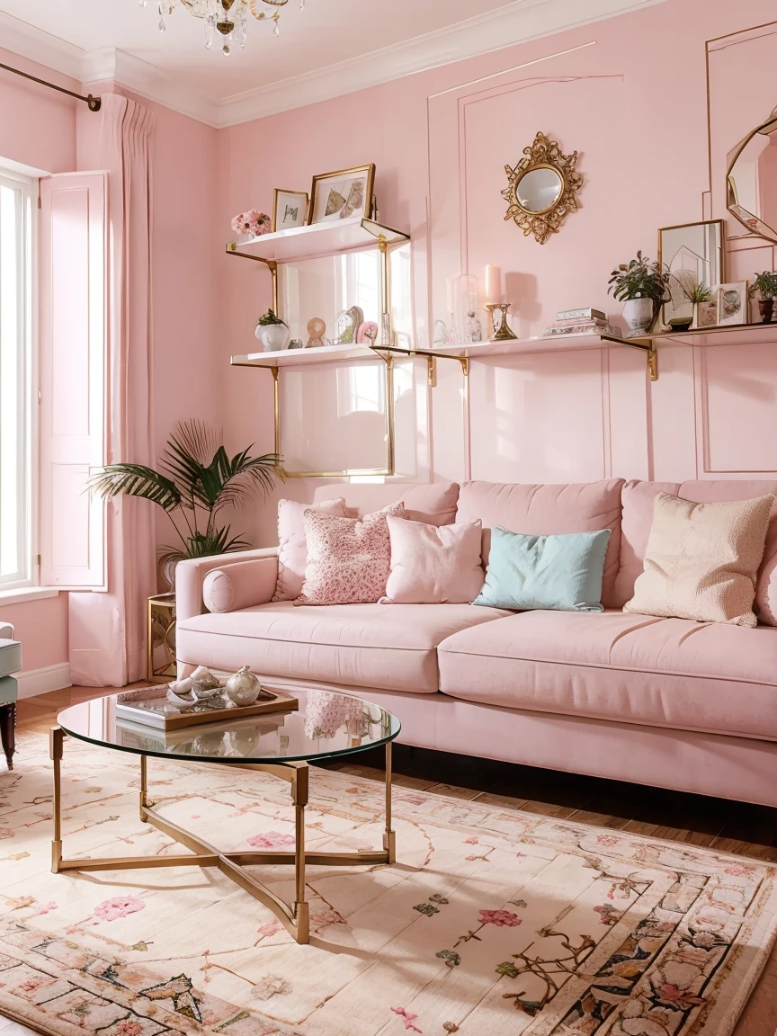 This living room is decorated in a modern high luxury style with Bright Neon Pink. The room ceilings adorned with multiple levels of long, elegant chandeliers,The large windows let in plenty of natural light, and the walls and furniture create a Bright Neon Pink and airy space. accents, such as the rug, pillows, flower and curtains, add a touch of warmth and femininity. Decorative Pieces. Candle Stands. Wall shelves. Clocks.  Art. Crystals. status. The large mirror helps to reflect the light and make the room feel larger. The overall effect is a stylish and inviting living room that is perfect for relaxing or entertaining guests