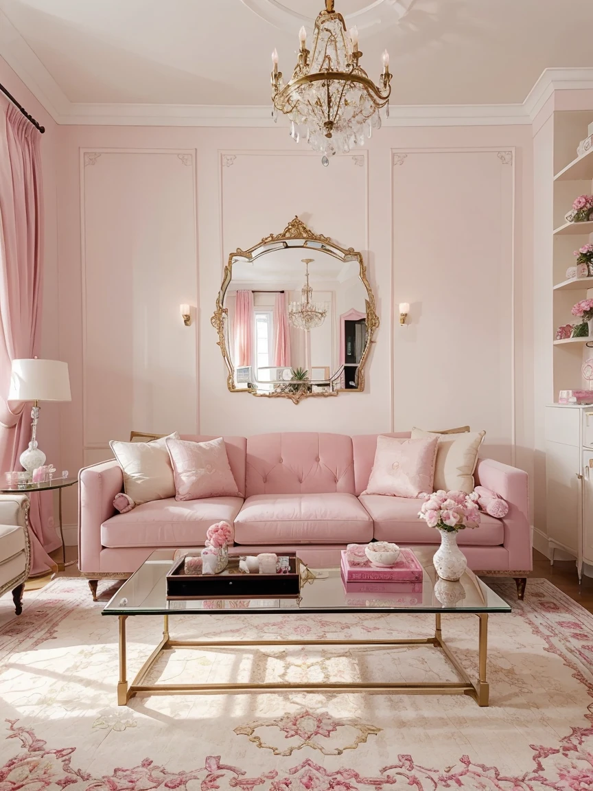 This living room is decorated in a modern high luxury style with Bright Neon Pink. The room ceilings adorned with multiple levels of long, elegant chandeliers,The large windows let in plenty of natural light, and the walls and furniture create a Bright Neon Pink and airy space. accents, such as the rug, pillows, flower and curtains, add a touch of warmth and femininity. Decorative Pieces. Candle Stands. Wall shelves. Clocks. Art. Crystals. status. The large mirror helps to reflect the light and make the room feel larger. The overall effect is a stylish and inviting living room that is perfect for relaxing or entertaining guests