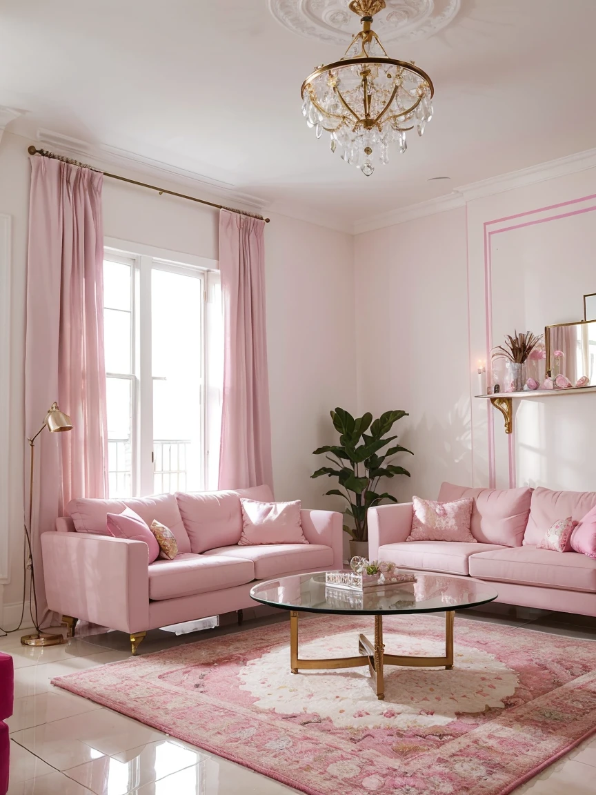 This living room is decorated in a modern high luxury style with Bright Neon Pink. The room ceilings adorned with multiple levels of long, elegant chandeliers,The large windows let in plenty of natural light, and the walls and furniture create a Bright Neon Pink and airy space. accents, such as the rug, pillows, flower and curtains, add a touch of warmth and femininity. Decorative Pieces. Candle Stands. Wall shelves. Clocks. Art. Crystals. status. The large mirror helps to reflect the light and make the room feel larger. The overall effect is a stylish and inviting living room that is perfect for relaxing or entertaining guests
