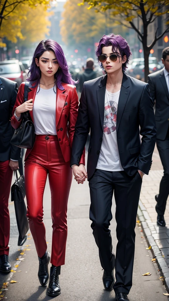 singer michael jackson is in a park, he is wearing a red suit and is holding hands with a 16 year old boy, a young man with purple hair and blue eyes