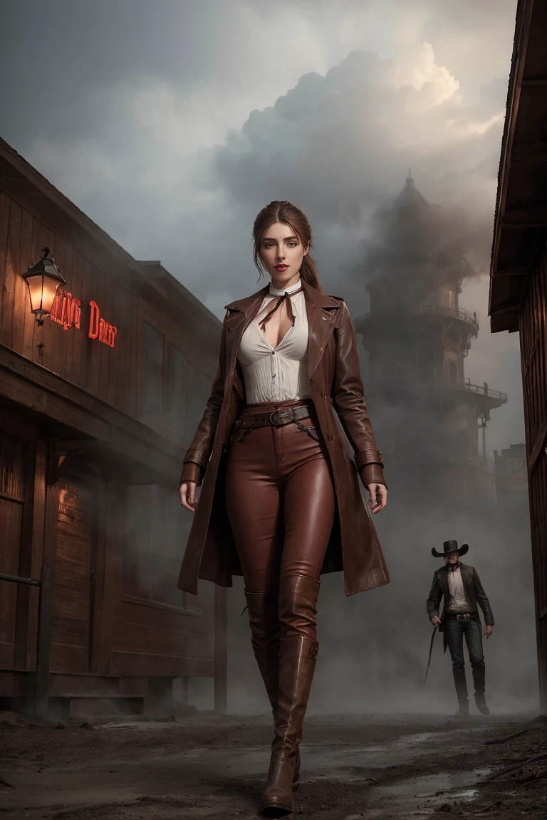 circa 1880s full length western cowboy woman, long brown ponytail, brown eyes, high arched eyebrows, long graceful neck, red lips, large , tight brown leather pants, long leather coat, leather boots, desolate desolate American small town dusty walks on a sandy street, (realistic, photorealistic, photorealistic:1.37 ), horror, dark and gloomy atmosphere with dramatic lighting, dull reddish colors, Foggy environment, detailed  expressions, Horrible fog