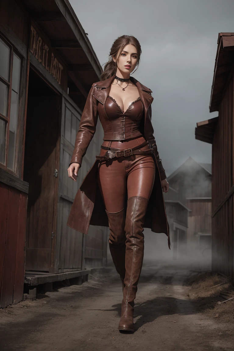circa 1880s full length western cowboy woman, long brown ponytail, brown eyes, high arched eyebrows, long graceful neck, red lips, , tight brown leather pants, long leather coat, leather boots, desolate desolate American small town dusty walks on a sandy street, (realistic, photorealistic, photorealistic:1.37 ), horror, dark and gloomy atmosphere with dramatic lighting, dull reddish colors, Foggy environment, detailed  expressions, Horrible fog