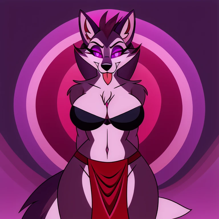 (masterpiece, best quality:1.2), Vortex female hellhound, wolf, furry, helluva boss, hypnotized with glowing purple eyes,  out, wearing loincloth