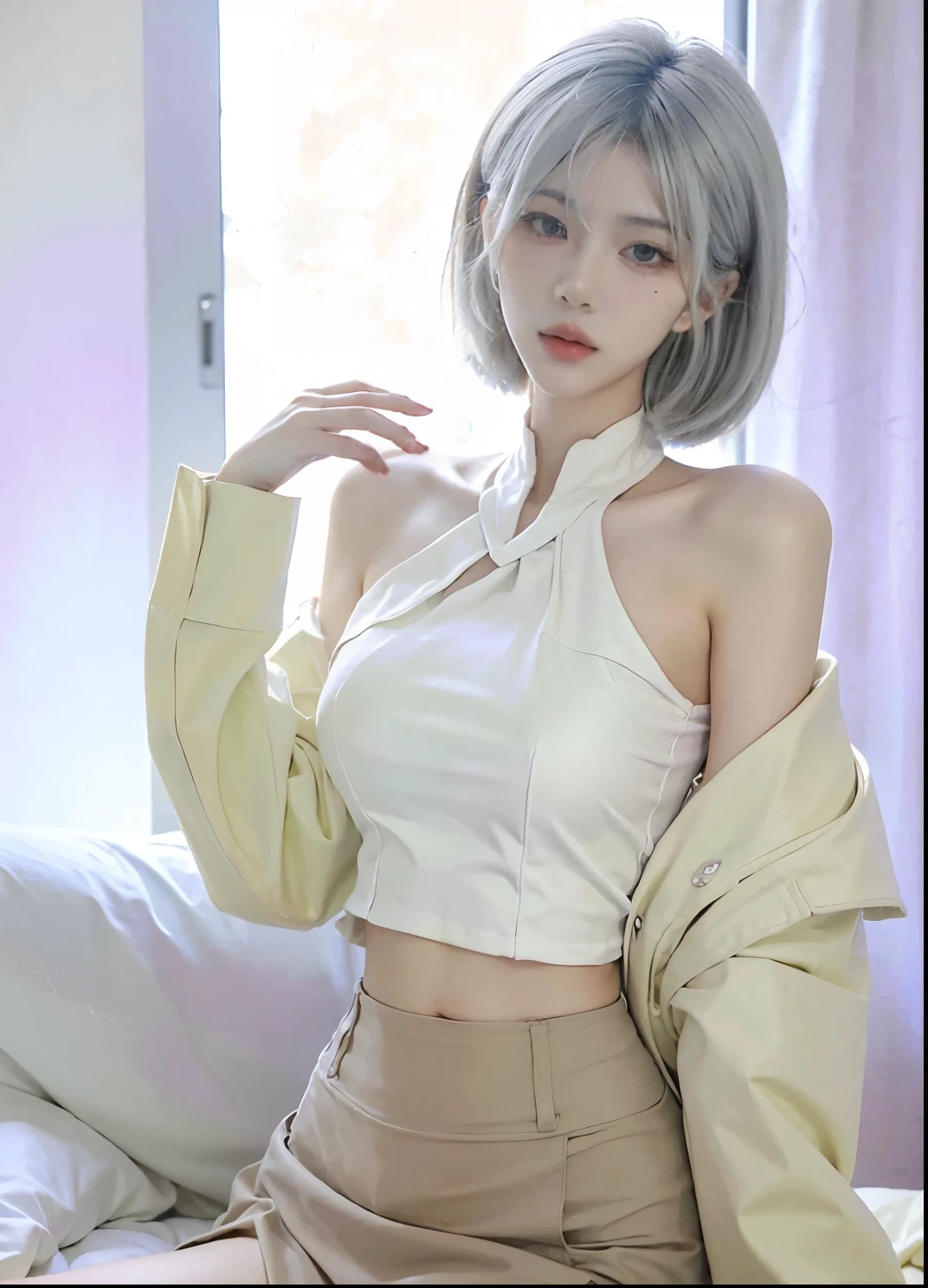 Beautiful woman with perfect figure:1.4,Ultra-high resolution,White background,(Realism:1.4),Layered hairstyle,White skin,JK:1.5,Super short pleated skirt,whole body:1.4,Very delicate and skin texture,Double eyelids,Skin Whitening,short hair,White hair