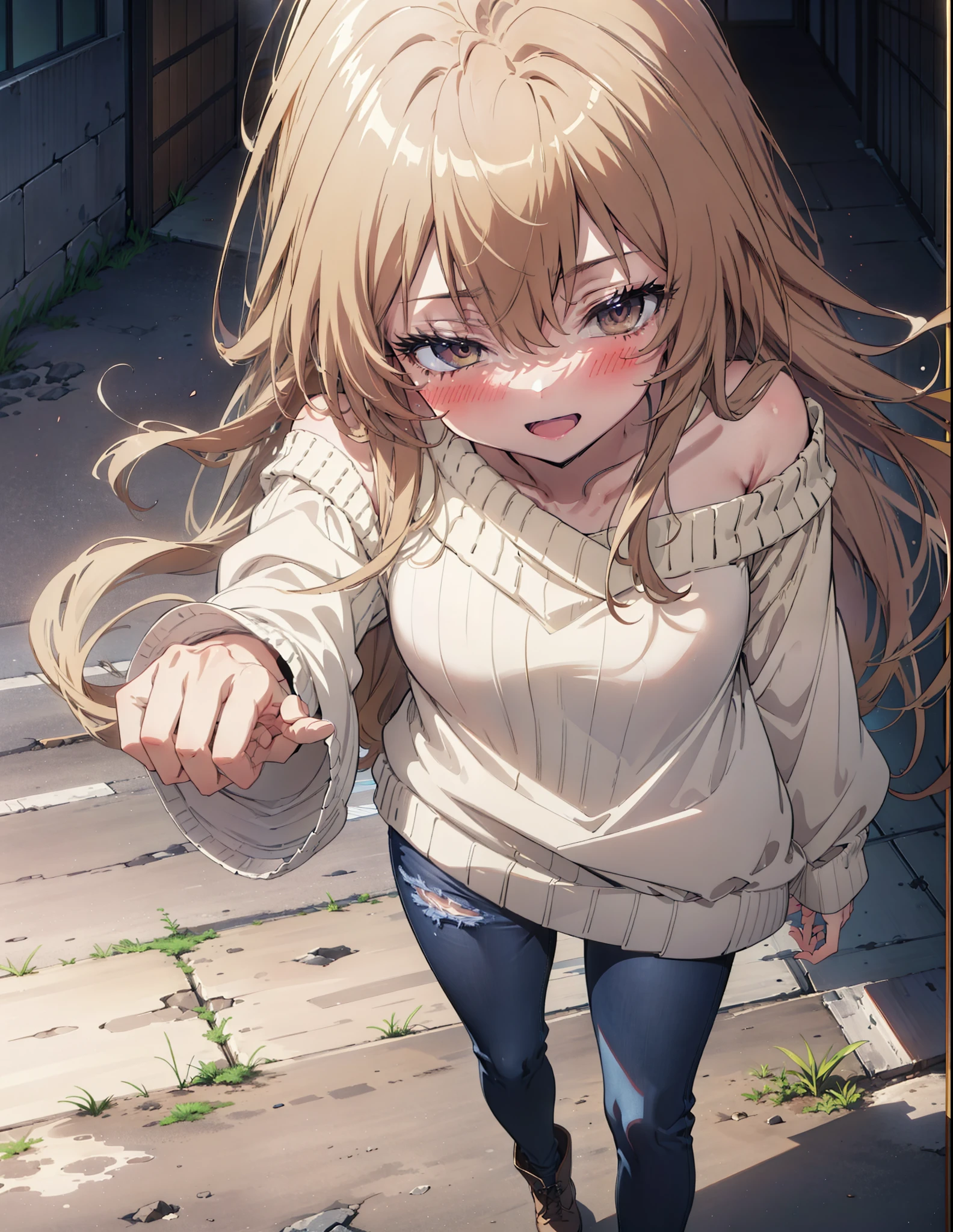 Taiga Aisaka, taiga aisaka, Long Hair, Brown Hair, Brown eyes,happy smile, smile, Open your mouth,One-shoulder sweater,Skinny jeans,short boots,Daytime,Clear skies,Walking,whole bodyがイラストに入るように,
break outdoors, Building district,
break looking at viewer, whole body,
break (masterpiece:1.2), Highest quality, High resolution, unity 8k wallpaper, (shape:0.8), (Beautiful attention to detail:1.6), Highly detailed face, Perfect lighting, Extremely detailed CG, (Perfect hands, Perfect Anatomy),