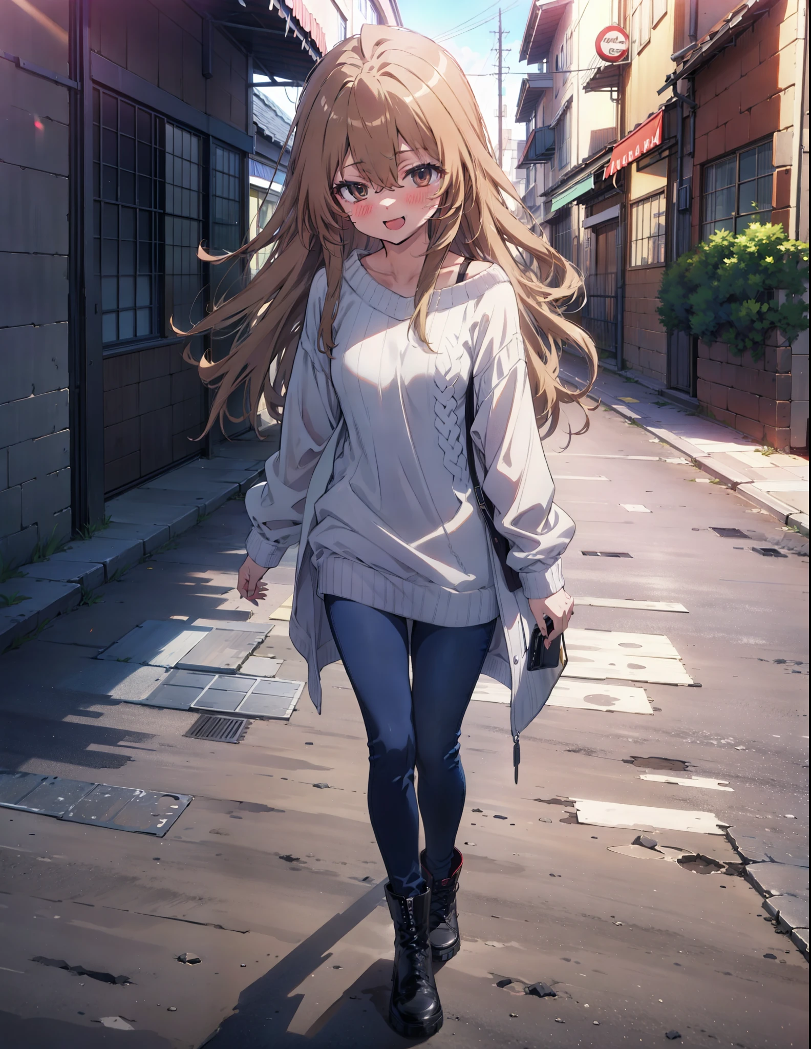 Taiga Aisaka, taiga aisaka, Long Hair, Brown Hair, Brown eyes,happy smile, smile, Open your mouth,One-shoulder sweater,Skinny jeans,short boots,Daytime,Clear skies,Walking,whole bodyがイラストに入るように,
break outdoors, Building district,
break looking at viewer, whole body,
break (masterpiece:1.2), Highest quality, High resolution, unity 8k wallpaper, (shape:0.8), (Beautiful attention to detail:1.6), Highly detailed face, Perfect lighting, Extremely detailed CG, (Perfect hands, Perfect Anatomy),