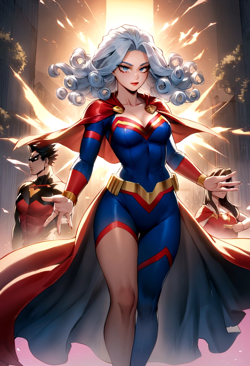 Daughter of Superman and Wonder Woman in Boku no Hero Academia with blue tips and curly tips, with powers Raven and Vania Hagreeves