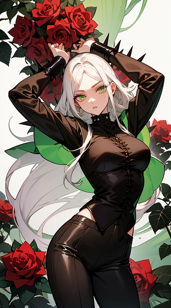 beautiful woman, white hair, long curly hair, ((crew cut: 1)), green eyes, fair skin, ((muscular: 1)), female, 28 years old Wearing a black blouse with green and brown details, a blouse brown leather shawl, black pants, black boots, roses, spikes with thorns, roses with eyes, eyes in the shallows, demon roses.
