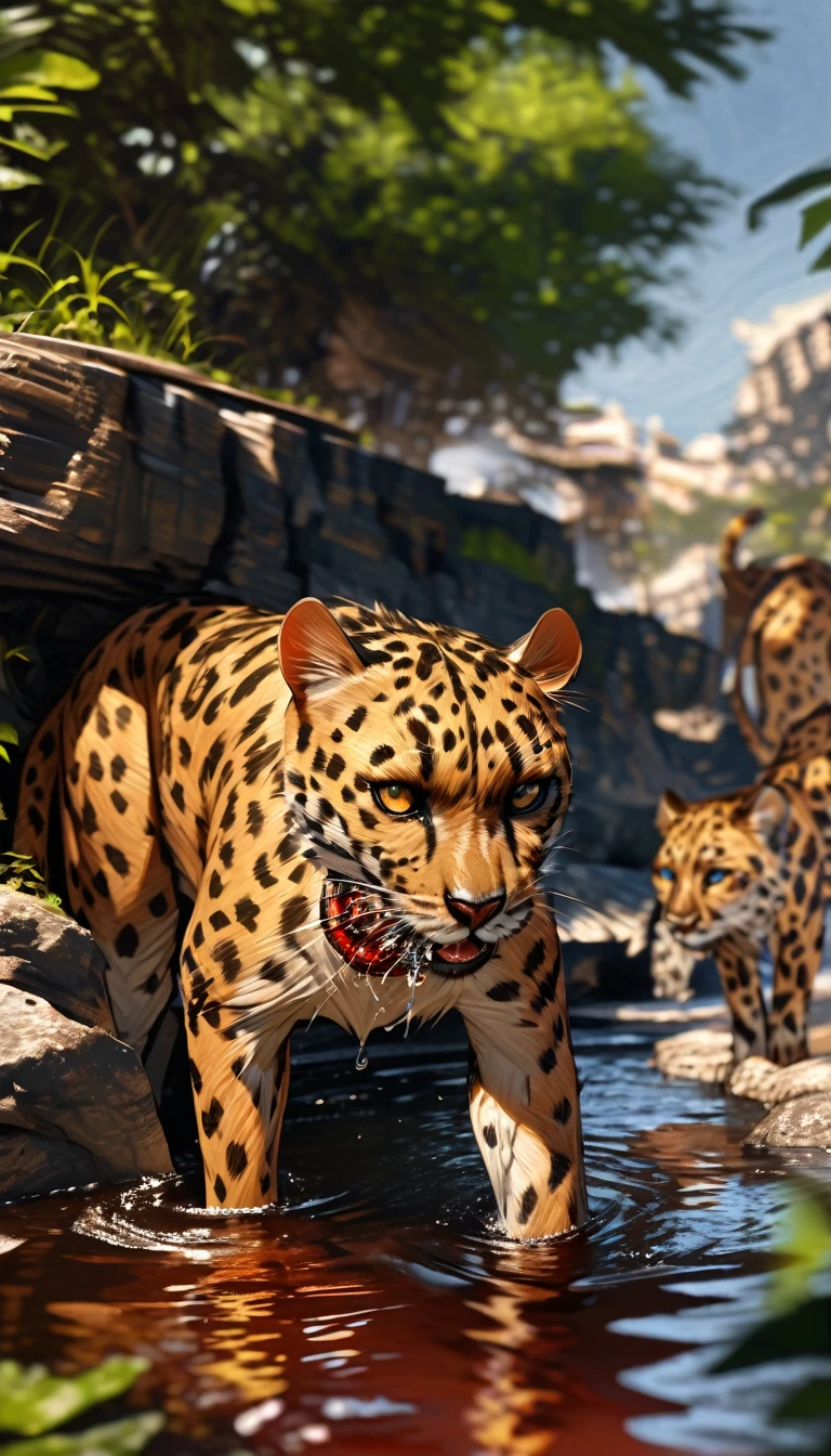 Realistic, animal photography, nature photography, cheetah, standing at the edge of a stream and drinking water, bloody muzzle, water reflections, savanna, extremely high detail, photo taken from a distance with a large lens, 300mm lens, shallow depth of field, award winner, masterpiece, raw photo,